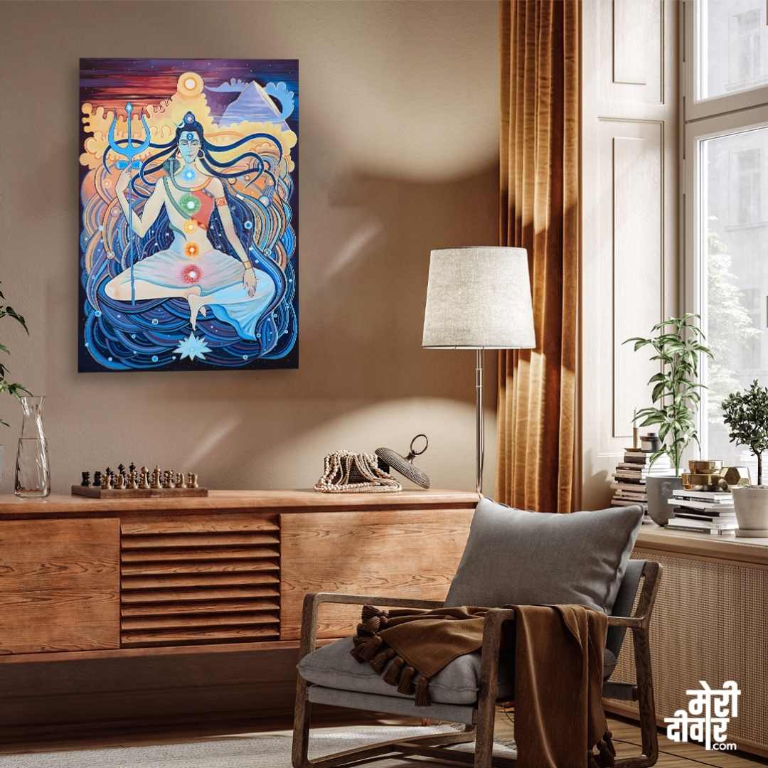 Lord Shiva Meditation Painting for Living Room | Chakra Spiritual Wall Art | Meri Deewar 3 : 4 Vertical Premium Wall Art Canvas by MeriDeewar