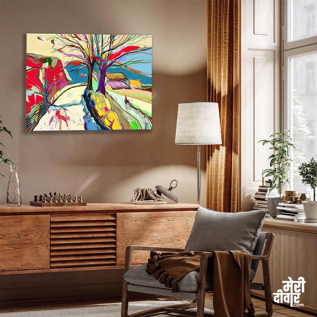 Colourful Abstract Tree Painting for Living Room | Vibrant Nature Wall Art | Giclée Print 3 : 2 Horizontal Premium Wall Art Canvas by MeriDeewar