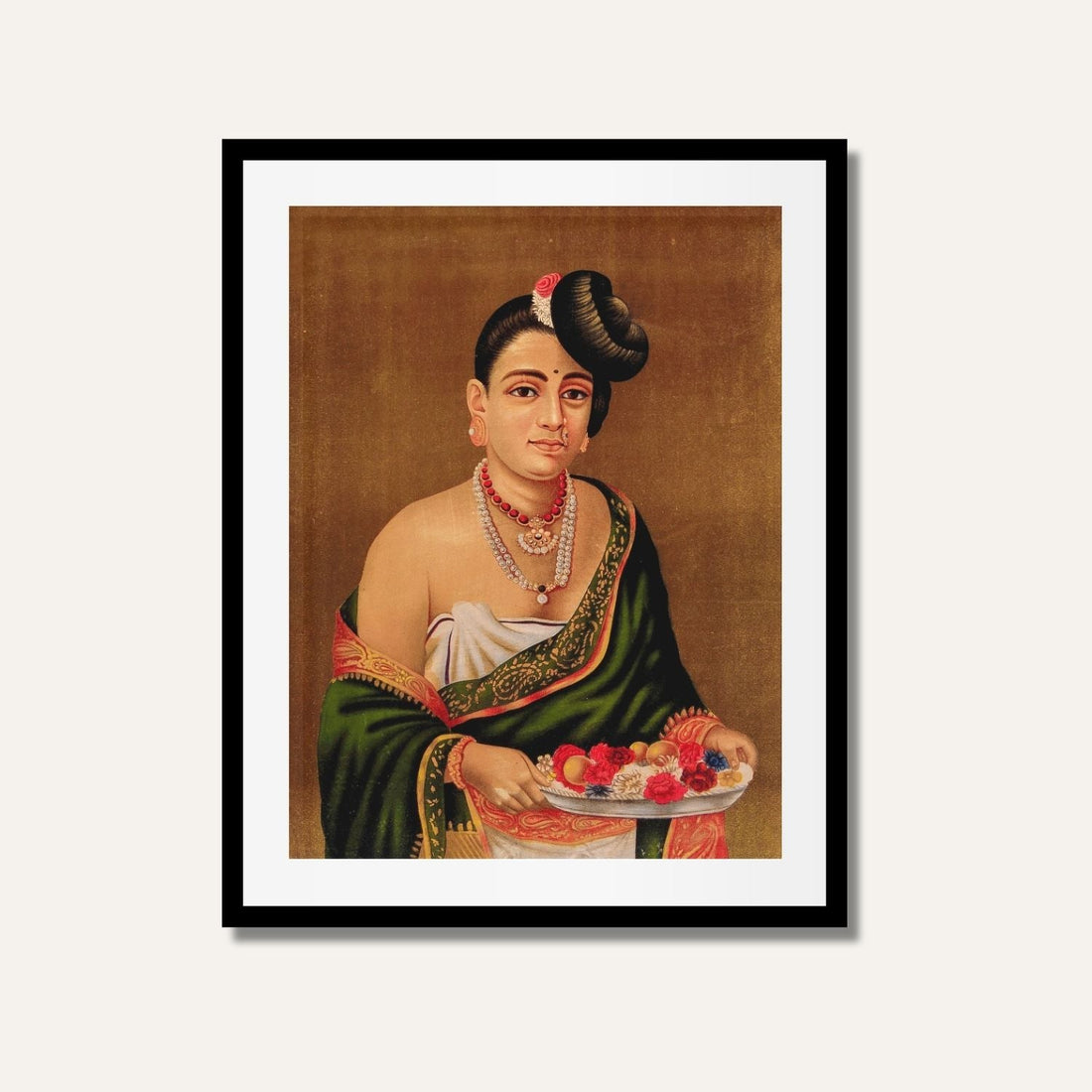 A Nayar Lady with Distinctive Hairstyle Painting – Raja Ravi Varma Indian Portrait Art | MeriDeewar 4 X 5.5 Vertical Premium Wall Art Canvas by MeriDeewar