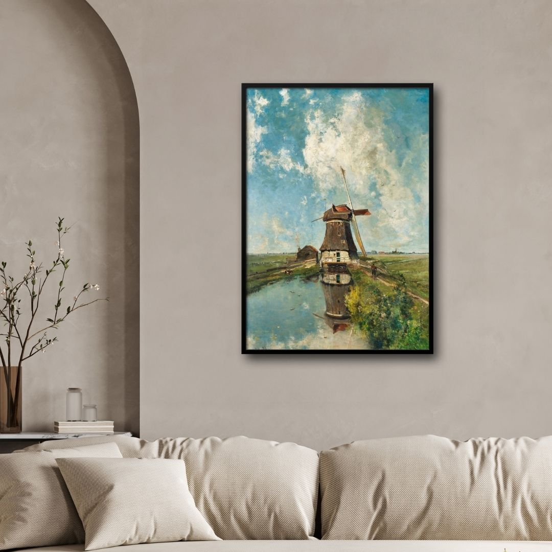 A Windmill on a Polder Waterway Painting 2 : 3 Vertical Premium Wall Art Canvas by MeriDeewar
