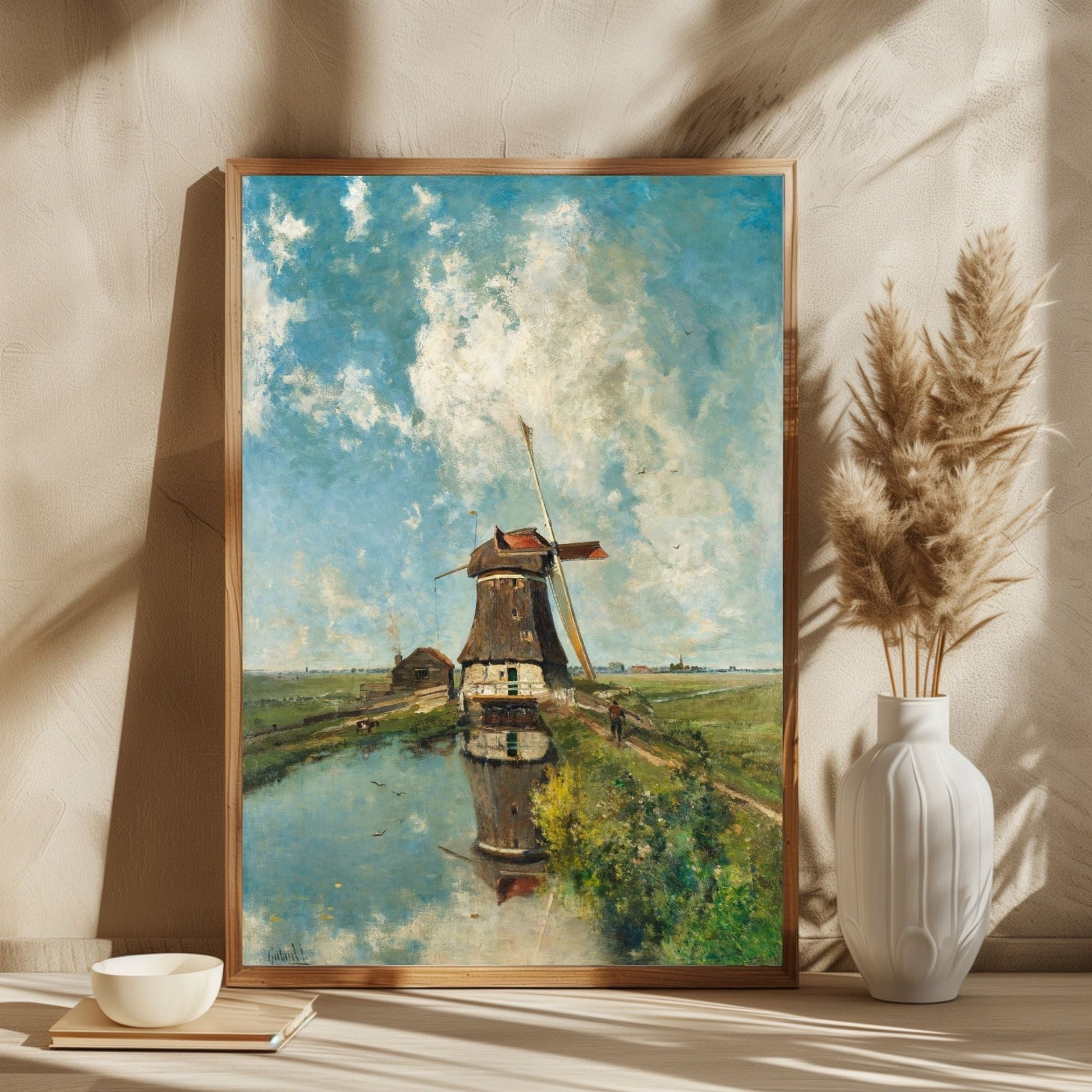 A Windmill on a Polder Waterway Painting 2 : 3 Vertical Premium Wall Art Canvas by MeriDeewar