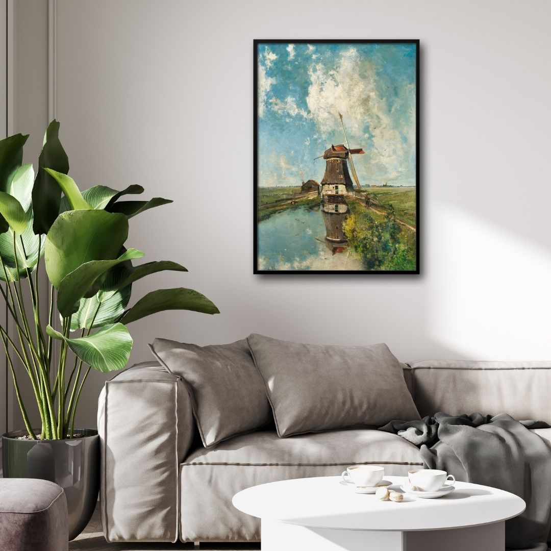 A Windmill on a Polder Waterway Painting 2 : 3 Vertical Premium Wall Art Canvas by MeriDeewar
