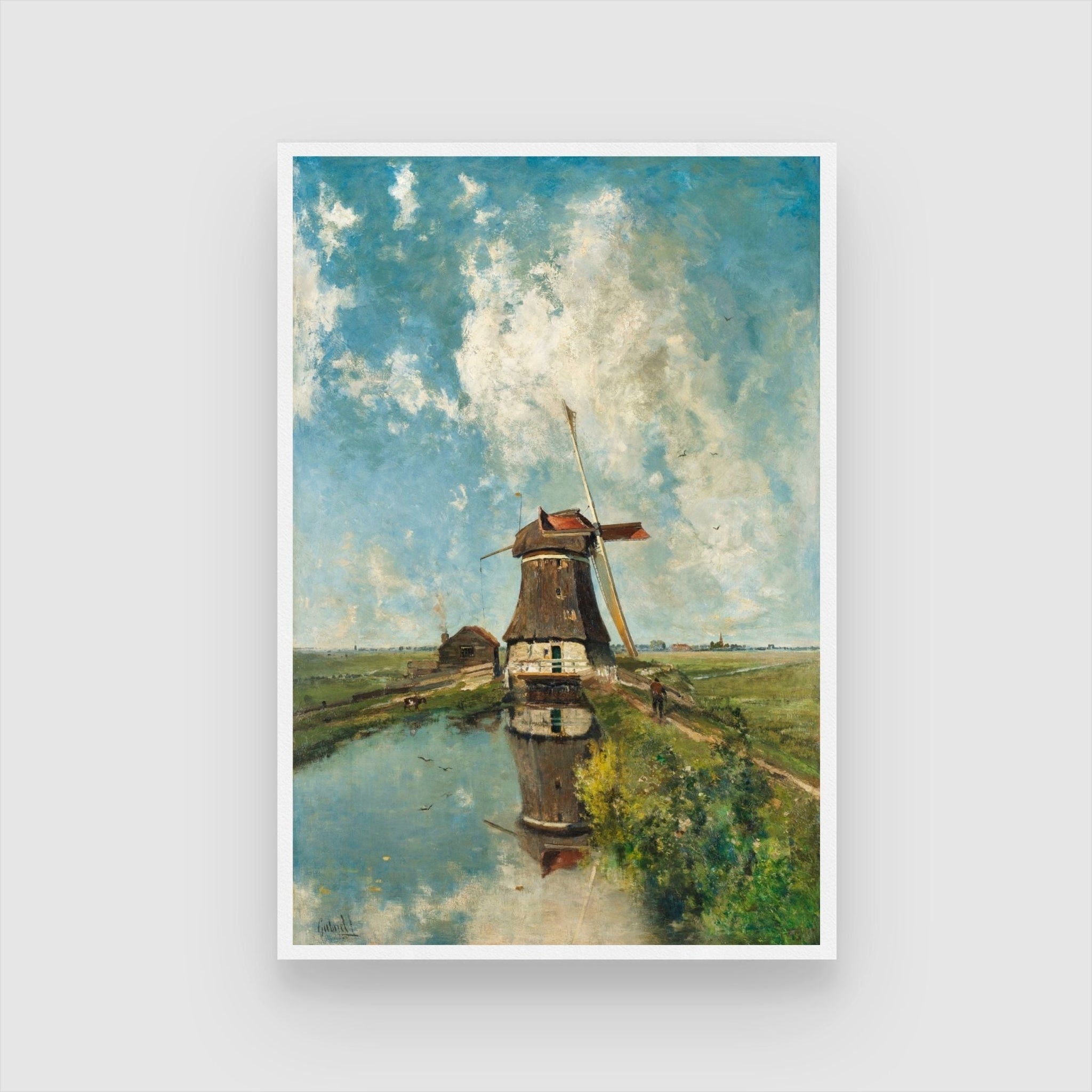 A Windmill on a Polder Waterway Painting 2 : 3 Vertical Premium Wall Art Canvas by MeriDeewar