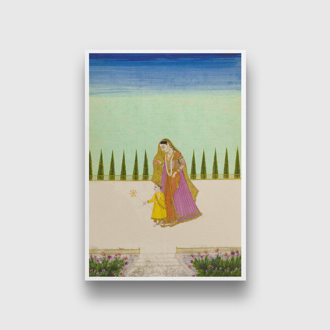 A woman & child (mother & son) on a terrace Painting 2 : 3 Vertical Premium Wall Art Canvas by MeriDeewar