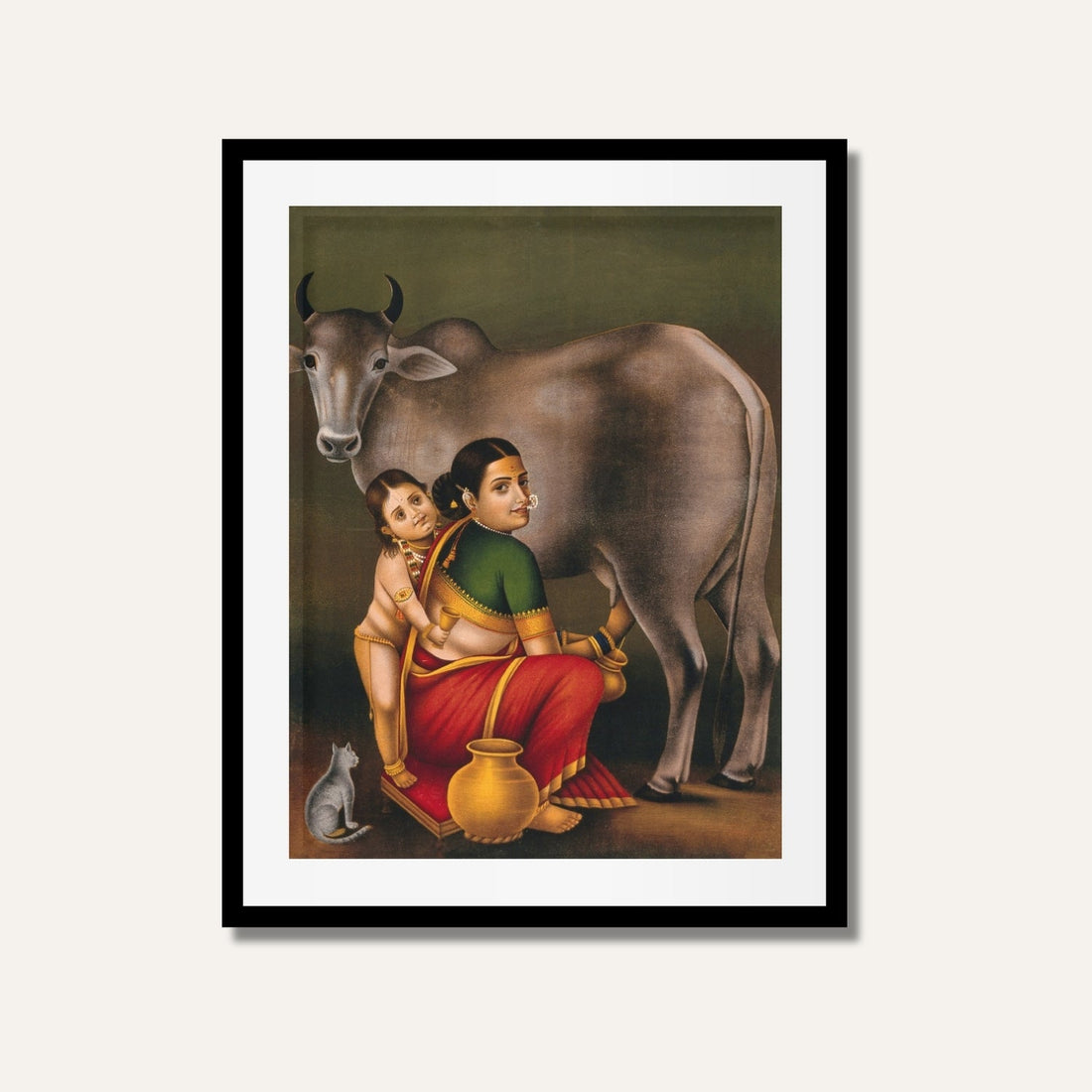 A Woman Milking a Cow with a Child Painting – Raja Ravi Varma Indian Genre Art | MeriDeewar 2 : 3 Vertical Premium Wall Art Canvas by MeriDeewar