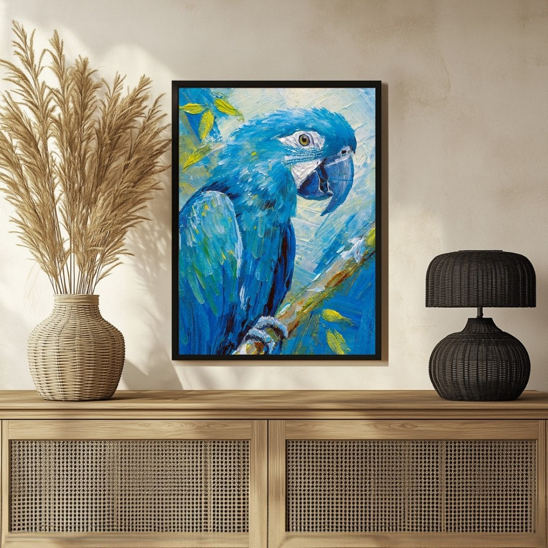 Abstract Blue Parrot Painting - Unique Art for Home by MeriDeewar 3 : 4 Vertical New Premium Wall Art Canvas by MeriDeewar