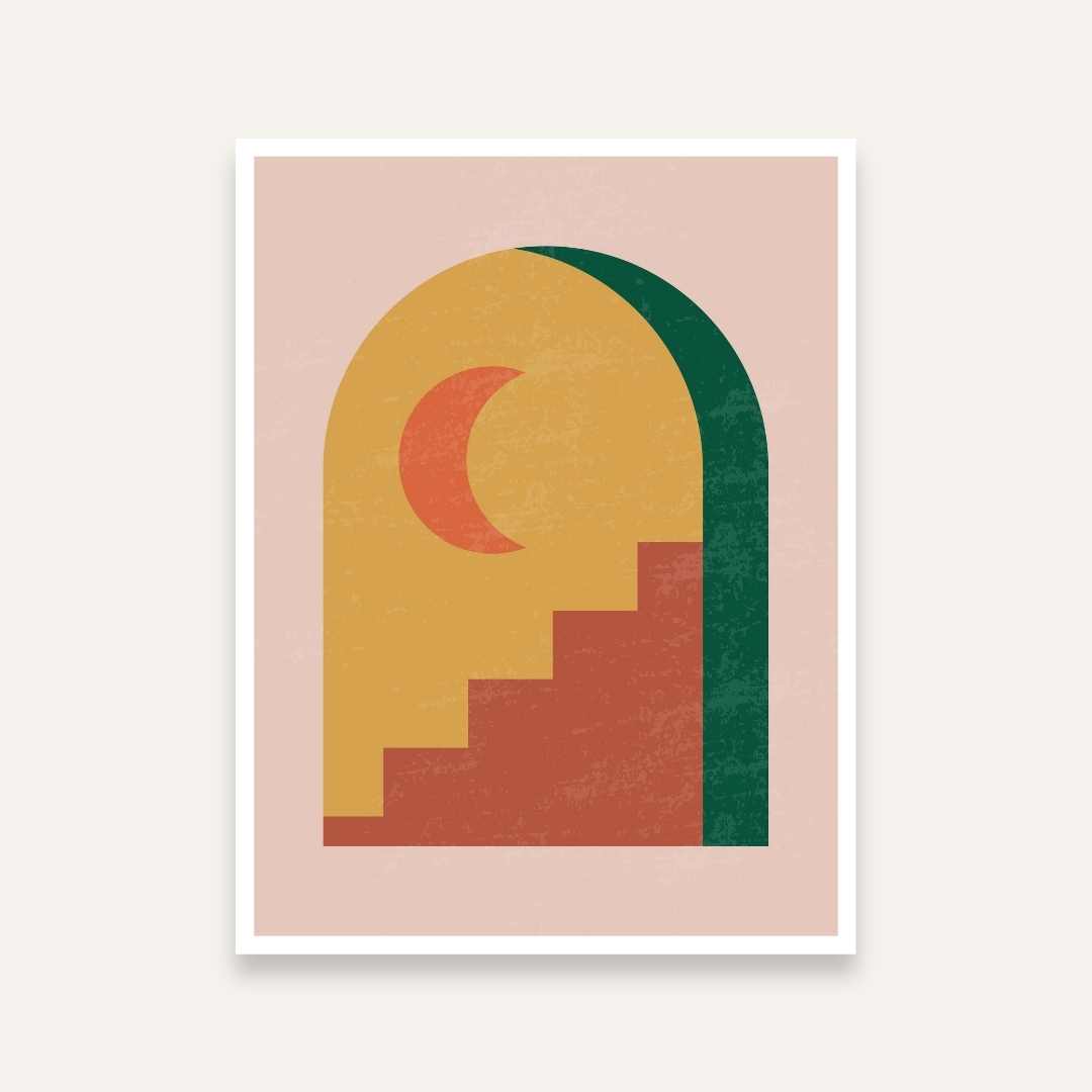 Abstract Boho Painting for Bedroom | Moon & Stairs Wall Art | Giclée Fine Art Print 4 :5 Vertical Premium Wall Art Canvas by MeriDeewar