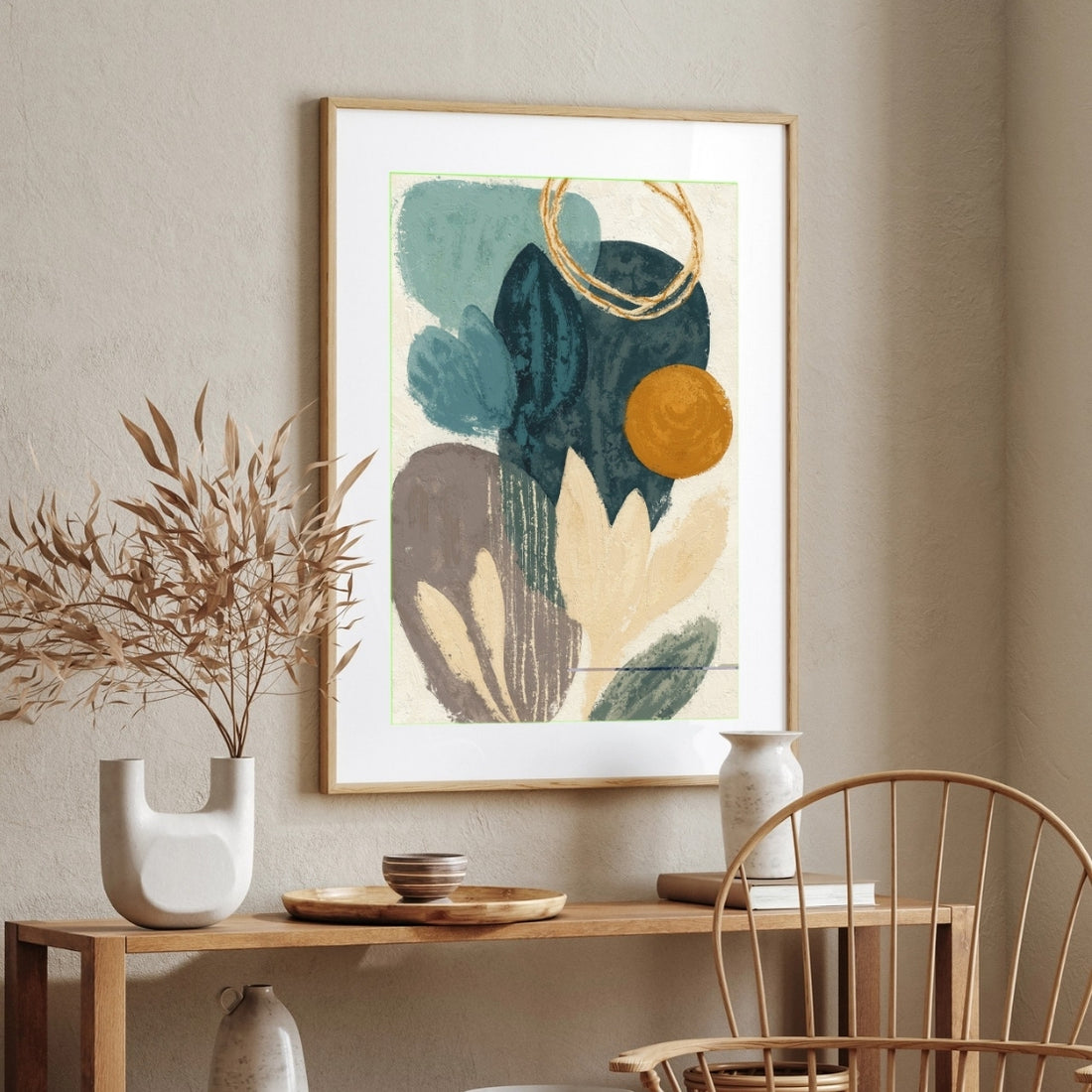 Abstract Botanical Painting for Living Room – Teal & Gold Earthy Wall Art | Giclée Fine Art Print 2 : 3 Vertical Premium Wall Art Canvas by MeriDeewar
