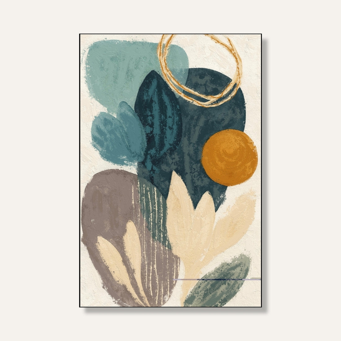 Abstract Botanical Painting for Living Room – Teal & Gold Earthy Wall Art | Giclée Fine Art Print 2 : 3 Vertical Premium Wall Art Canvas by MeriDeewar