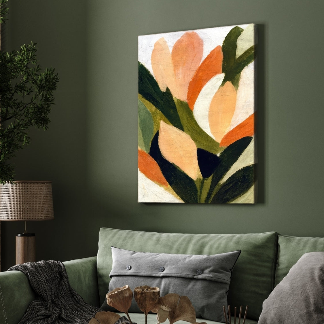 Abstract Floral Painting for Living Room – Peach & Green Botanical Wall Art | Giclée Print 2 : 3 Vertical Premium Wall Art Canvas by MeriDeewar