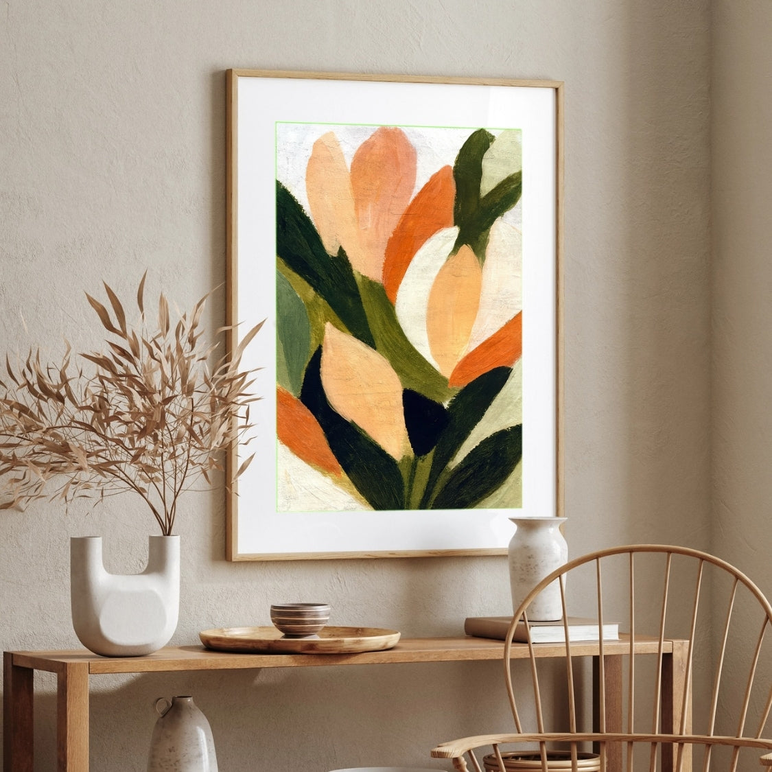 Abstract Floral Painting for Living Room – Peach & Green Botanical Wall Art | Giclée Print 2 : 3 Vertical Premium Wall Art Canvas by MeriDeewar