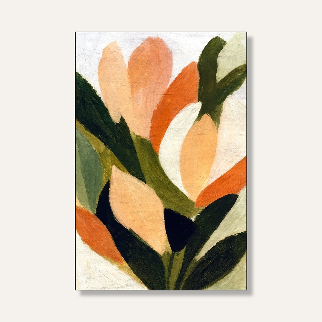 Abstract Floral Painting for Living Room – Peach & Green Botanical Wall Art | Giclée Print 2 : 3 Vertical Premium Wall Art Canvas by MeriDeewar