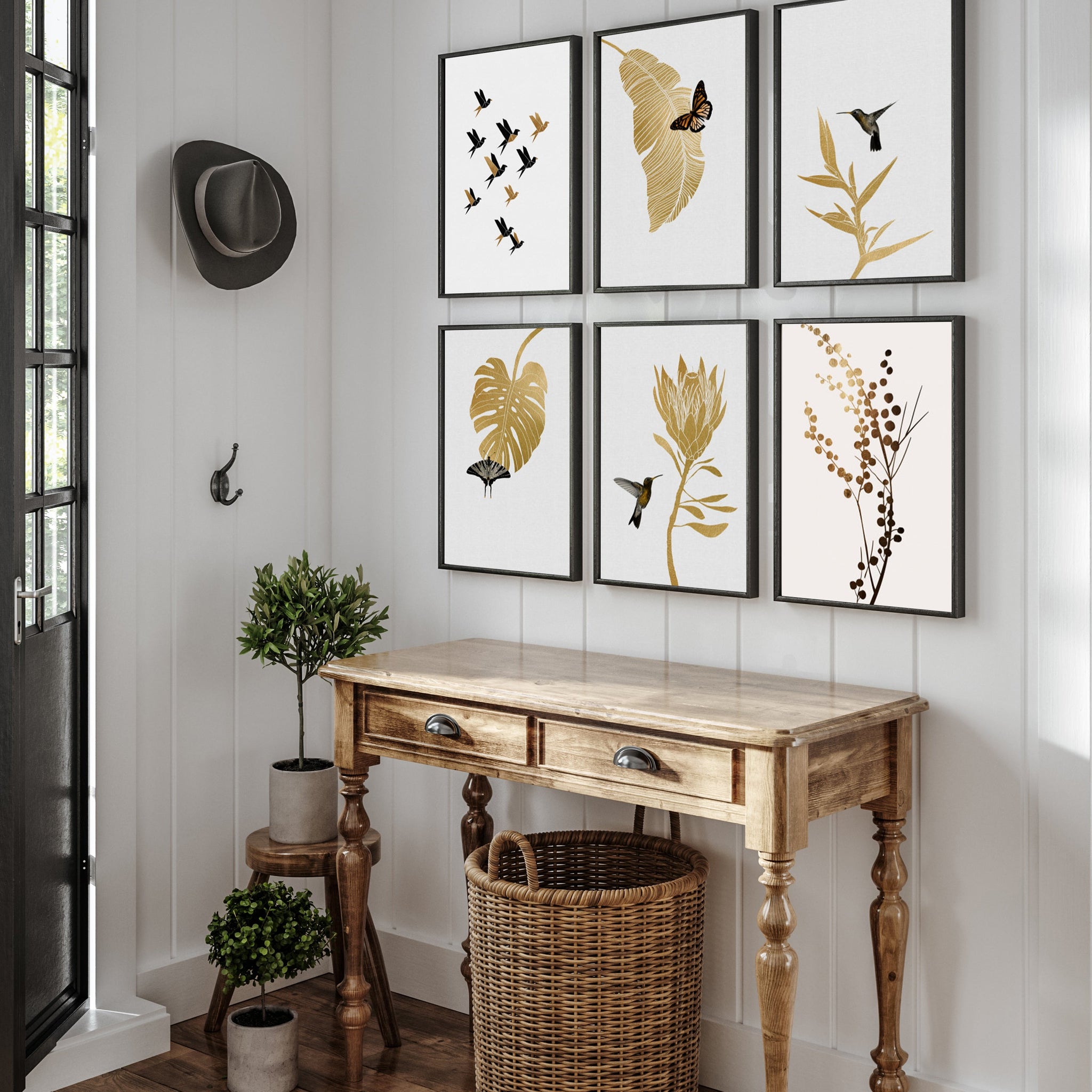 Abstract Goldfoil Leaves With Butterflies Paintings Wall Art Set Of 6 Paintings Walls Premium Wall Art Canvas by MeriDeewar