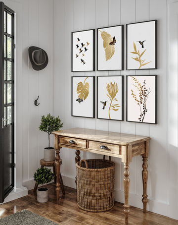 Abstract Goldfoil Leaves With Butterflies Paintings Wall Art Set Of 6 Paintings Walls Premium Wall Art Canvas by MeriDeewar