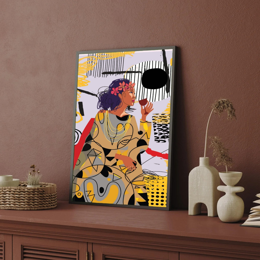 Abstract Indulgence – Modern Woman with Wine Wall Art Print 2 : 3 Vertical Premium Wall Art Canvas by MeriDeewar