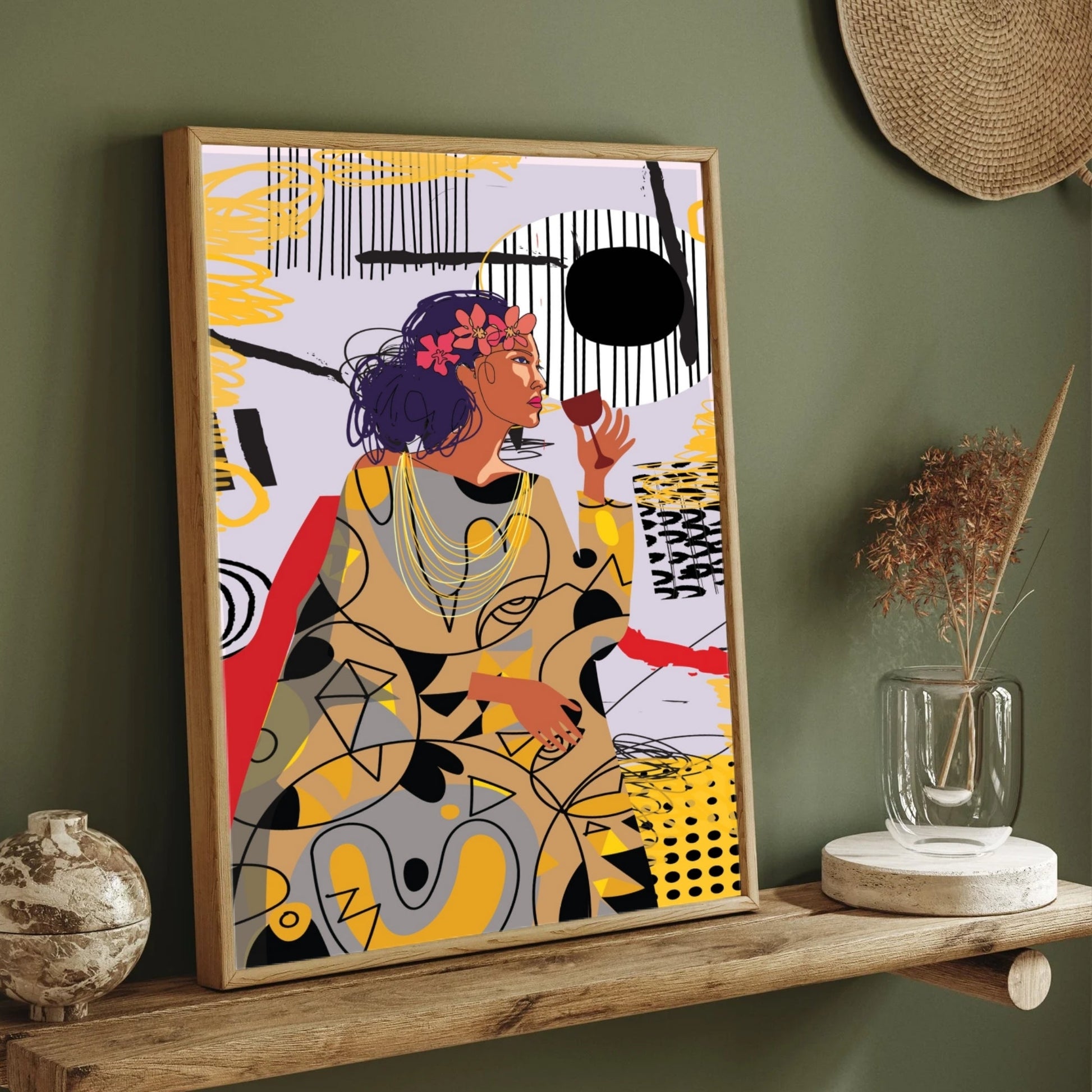 Abstract Indulgence – Modern Woman with Wine Wall Art Print 2 : 3 Vertical Premium Wall Art Canvas by MeriDeewar