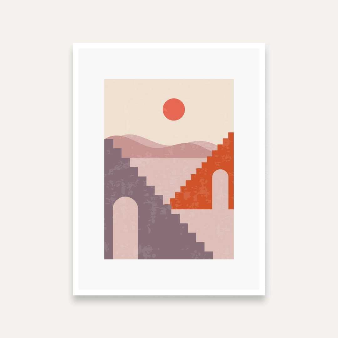 Abstract Landscape Painting for Living Room | Terracotta Sun & Mountain Wall Art 4 X 5.5 Vertical Premium Wall Art Canvas by MeriDeewar