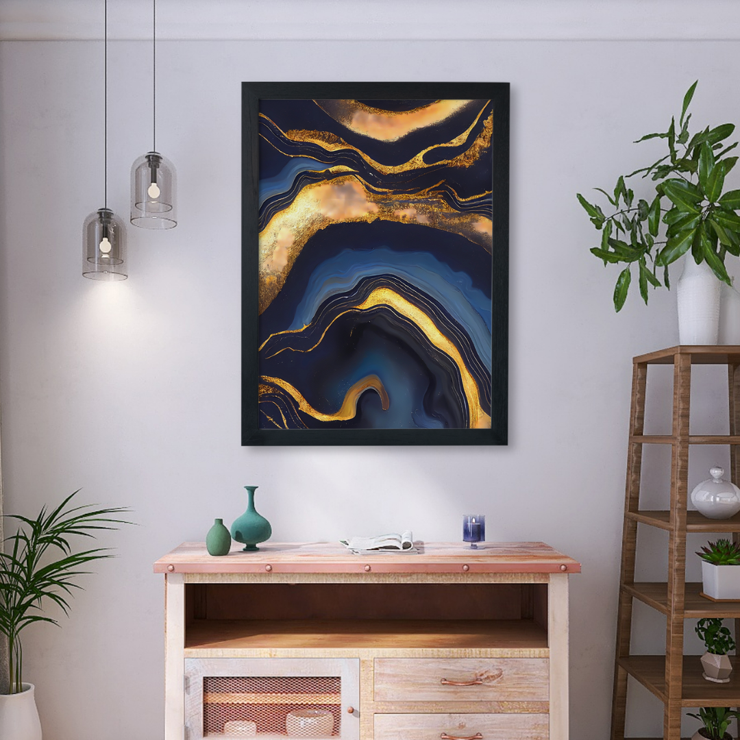 Abstract Navy & Gold Fluid Agate Wall Art | Luxury Wall Art Print 2 : 3 Vertical Premium Wall Art Canvas by MeriDeewar