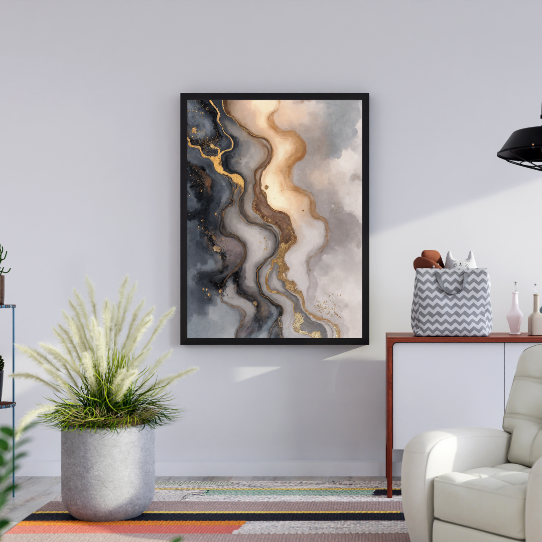 Abstract Navy & Gold Fluid Marble Wall Art | Modern Luxury Framed Print 2 : 3 Vertical Premium Wall Art Canvas by MeriDeewar