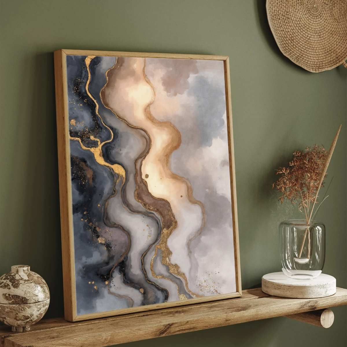 Abstract Navy & Gold Fluid Marble Wall Art | Modern Luxury Framed Print 2 : 3 Vertical Premium Wall Art Canvas by MeriDeewar