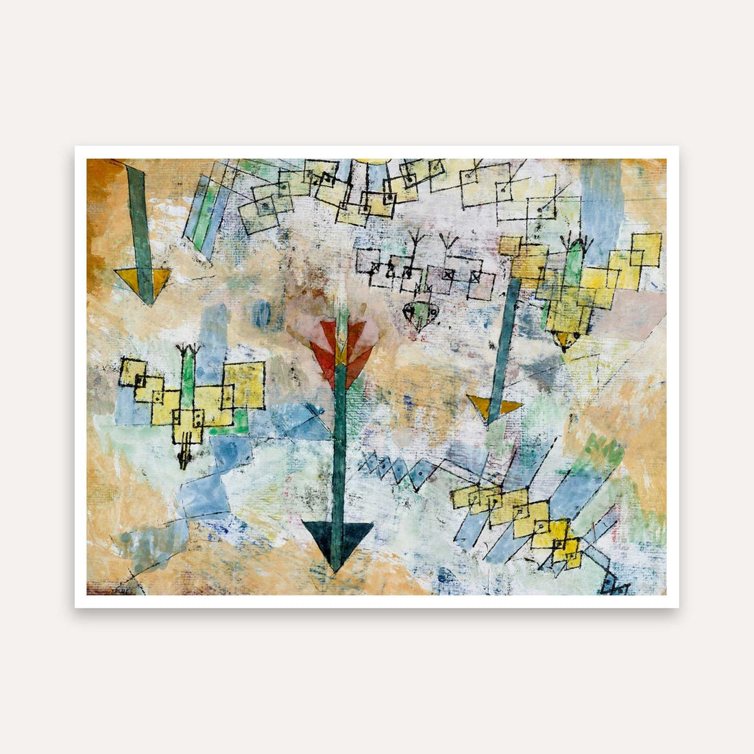 Abstract Painting for Living Room – Birds Swooping Down and Arrows by Paul Klee | Wall Art Print 4 : 3 Horizontal Premium Wall Art Canvas by MeriDeewar
