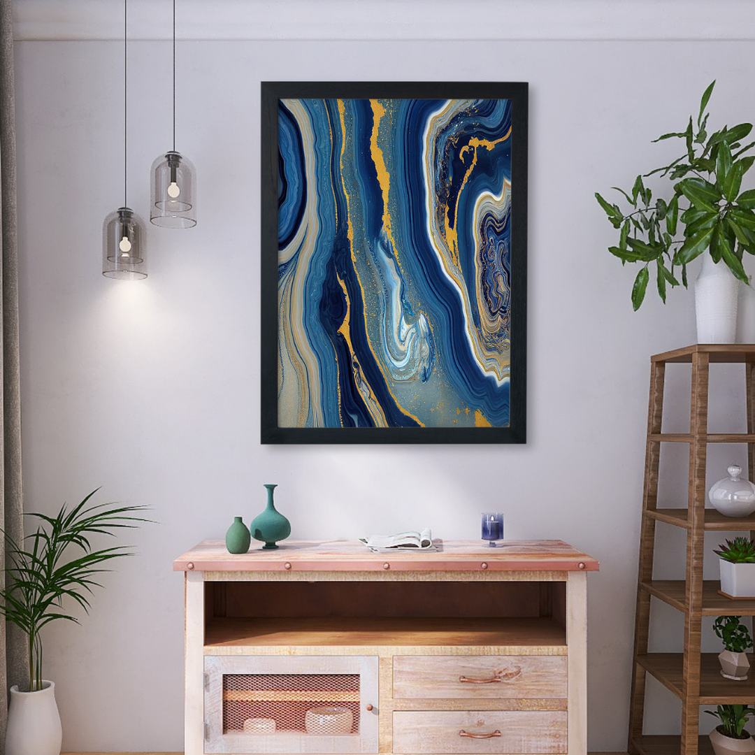 Abstract Royal Blue & Gold Fluid Marble Wall Art | Luxury Agate Framed Print 2 : 3 Vertical Premium Wall Art Canvas by MeriDeewar