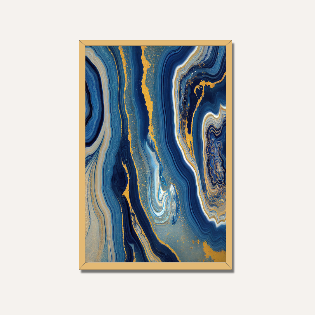 Abstract Royal Blue & Gold Fluid Marble Wall Art | Luxury Agate Framed Print 2 : 3 Vertical Premium Wall Art Canvas by MeriDeewar