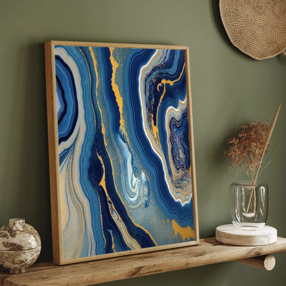 Abstract Royal Blue & Gold Fluid Marble Wall Art | Luxury Agate Framed Print 2 : 3 Vertical Premium Wall Art Canvas by MeriDeewar