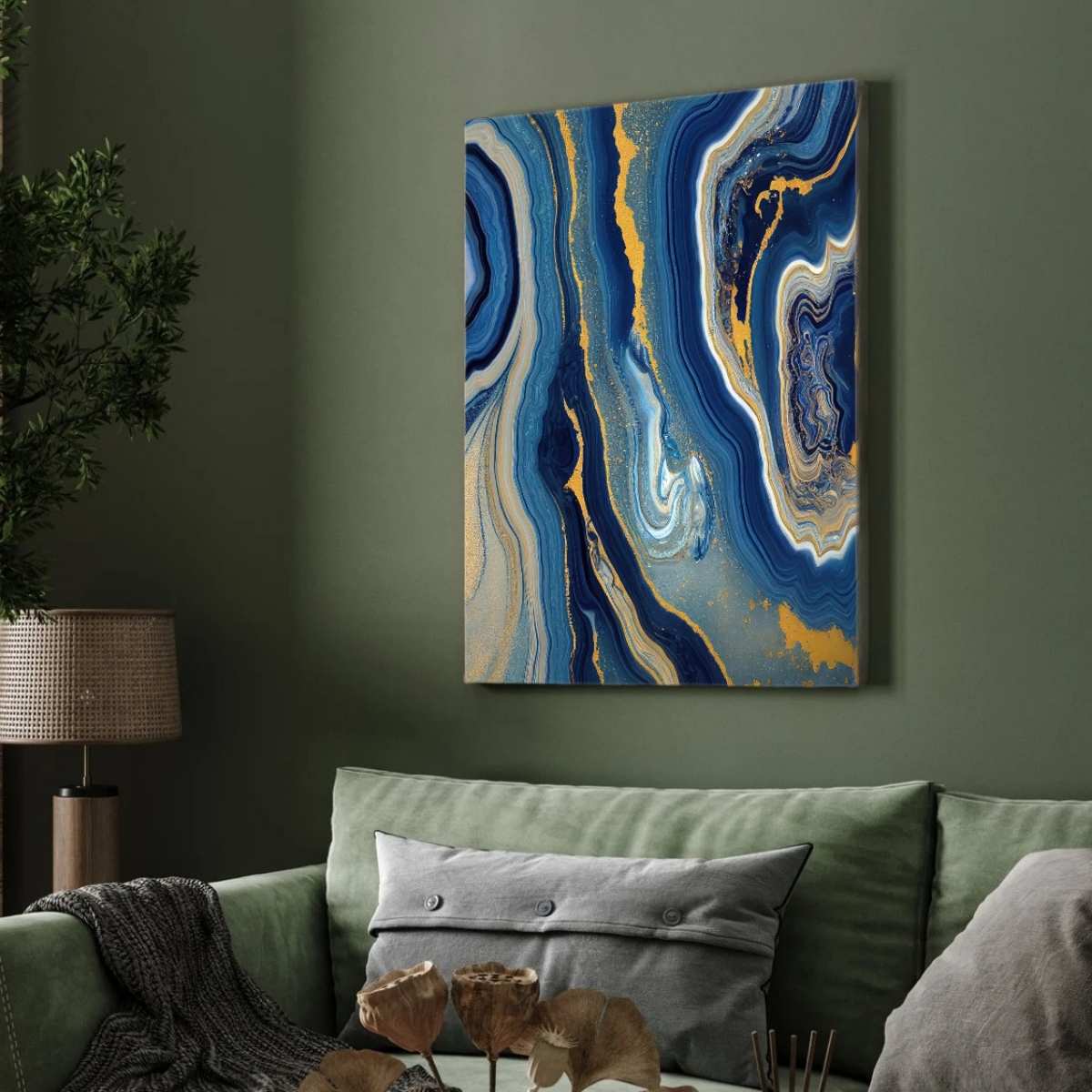 Abstract Royal Blue & Gold Fluid Marble Wall Art | Luxury Agate Framed Print 2 : 3 Vertical Premium Wall Art Canvas by MeriDeewar