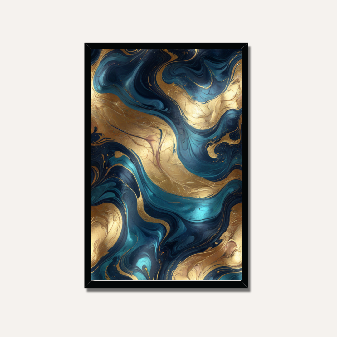 Abstract Teal & Gold Liquid Marble Wall Art | Luxury Fluid Resin Framed Print 2 : 3 Vertical Premium Wall Art Canvas by MeriDeewar