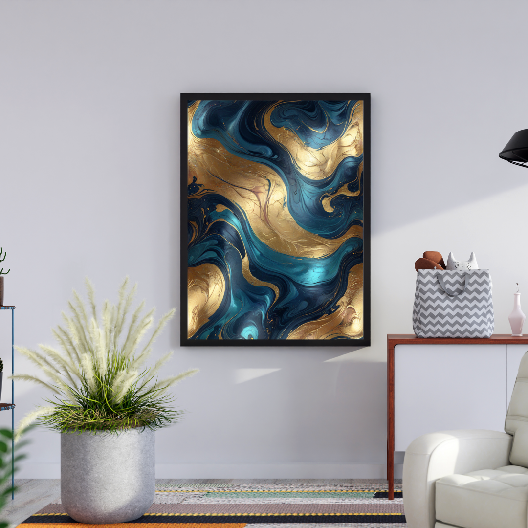 Abstract Teal & Gold Liquid Marble Wall Art | Luxury Fluid Resin Framed Print 2 : 3 Vertical Premium Wall Art Canvas by MeriDeewar
