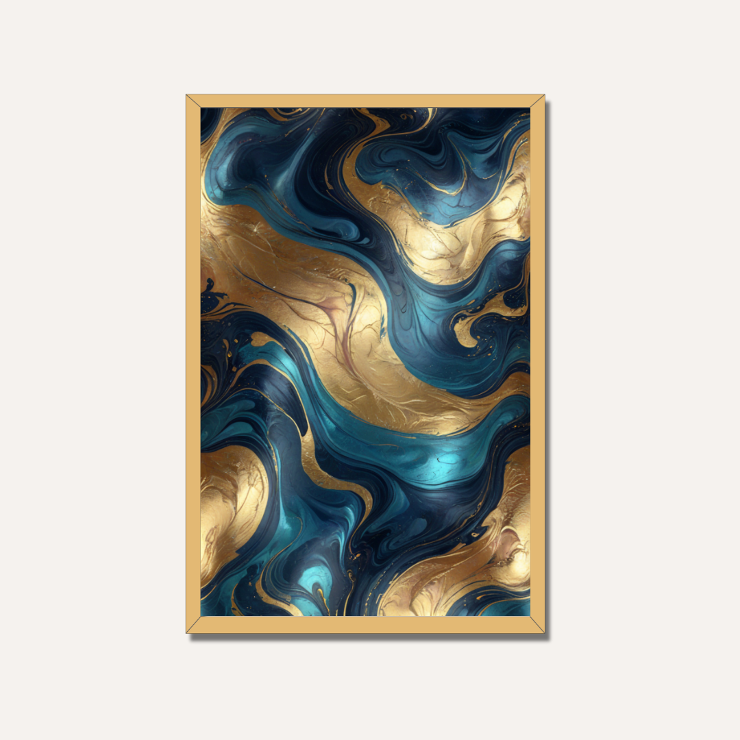 Abstract Teal & Gold Liquid Marble Wall Art | Luxury Fluid Resin Framed Print 2 : 3 Vertical Premium Wall Art Canvas by MeriDeewar