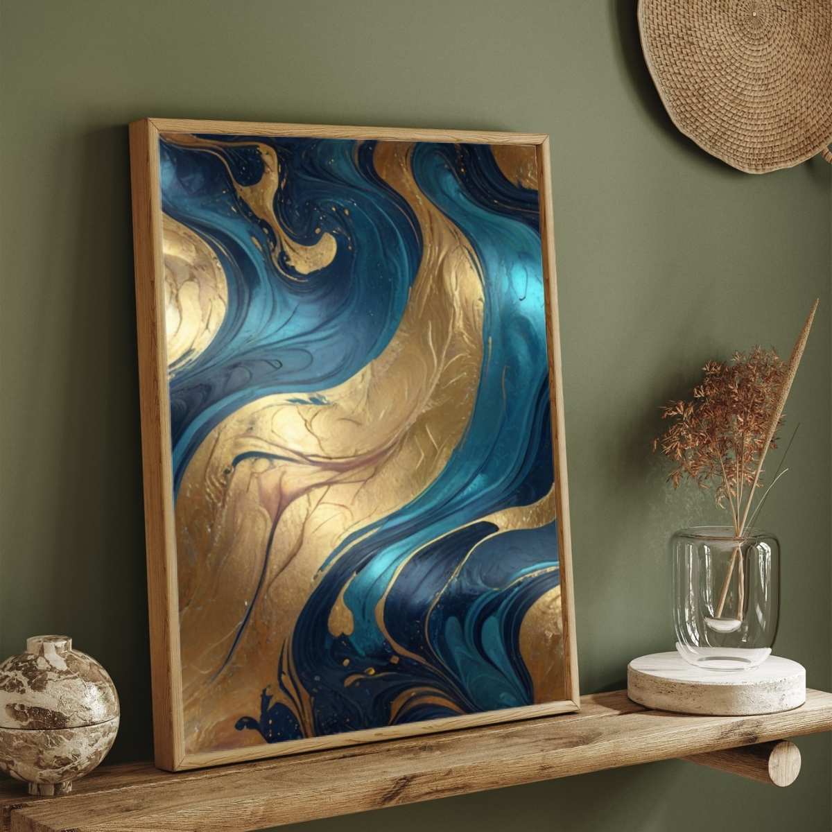 Abstract Teal & Gold Liquid Marble Wall Art | Luxury Fluid Resin Framed Print 2 : 3 Vertical Premium Wall Art Canvas by MeriDeewar