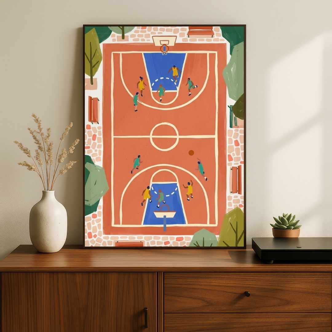 "Aerial Basketball Court" Overhead Sports Art Poster | Vertical Borderless Art Frame Poster Premium Wall Art Canvas by MeriDeewar