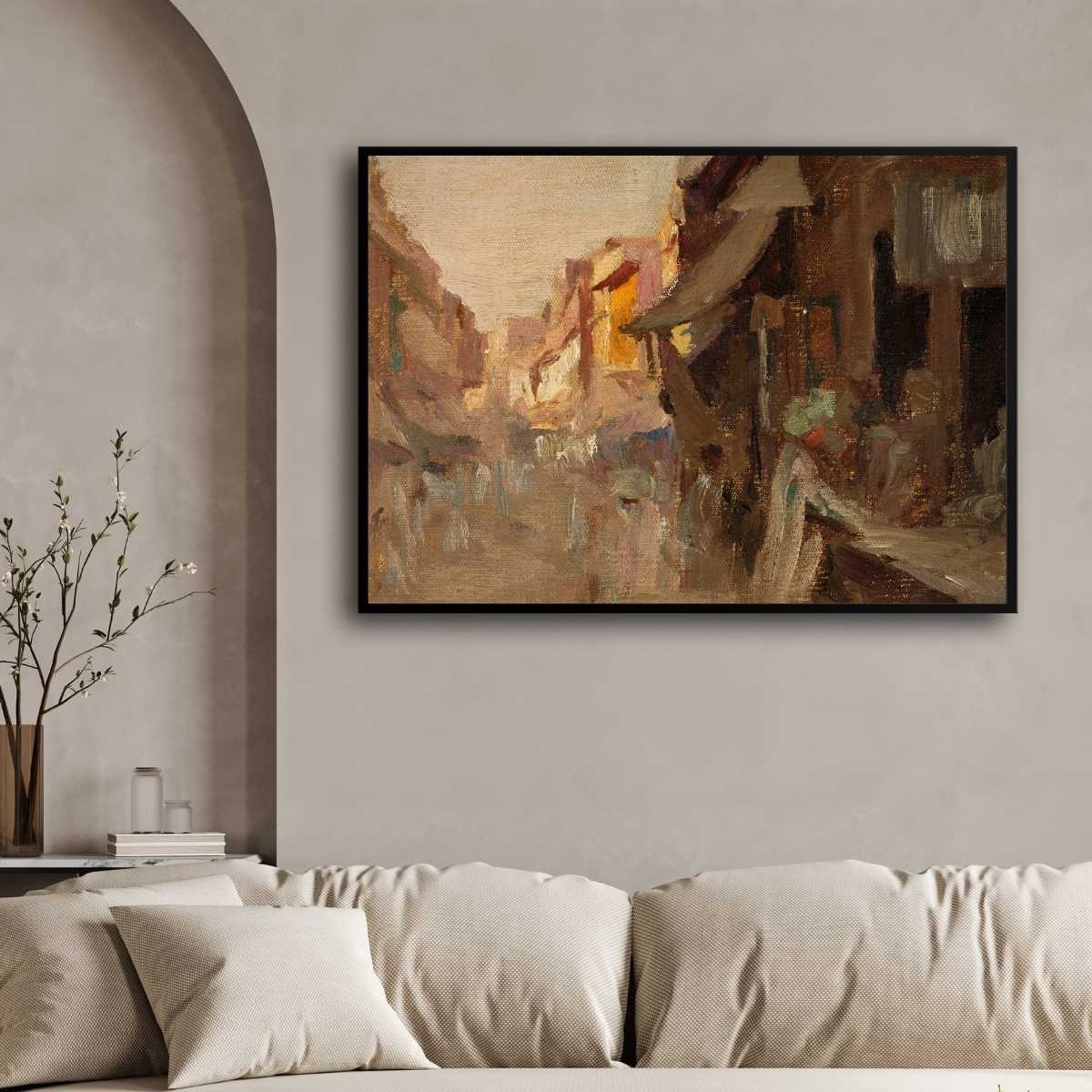 Agra Street Scene Oil Painting | Horizontal Framed Print 4 : 3 Horizontal Premium Wall Art Canvas by MeriDeewar