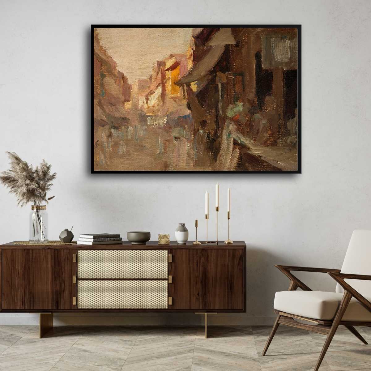 Agra Street Scene Oil Painting | Horizontal Framed Print 4 : 3 Horizontal Premium Wall Art Canvas by MeriDeewar