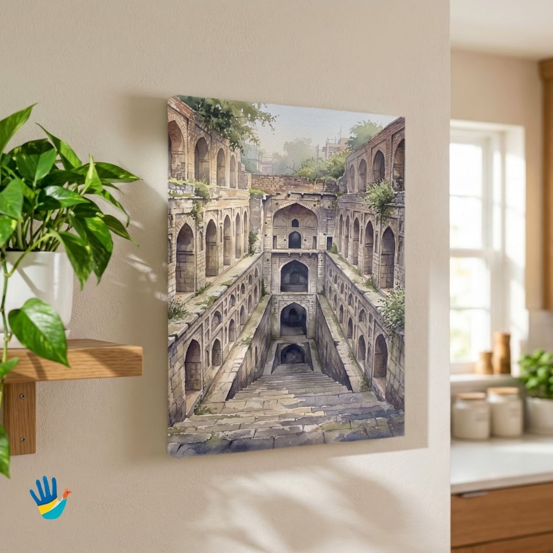 Agrasen ki Baoli | Delhi Historic Stepwell Subterranean Architecture Framed Art 3 : 4 Vertical Premium Wall Art Canvas by MeriDeewar