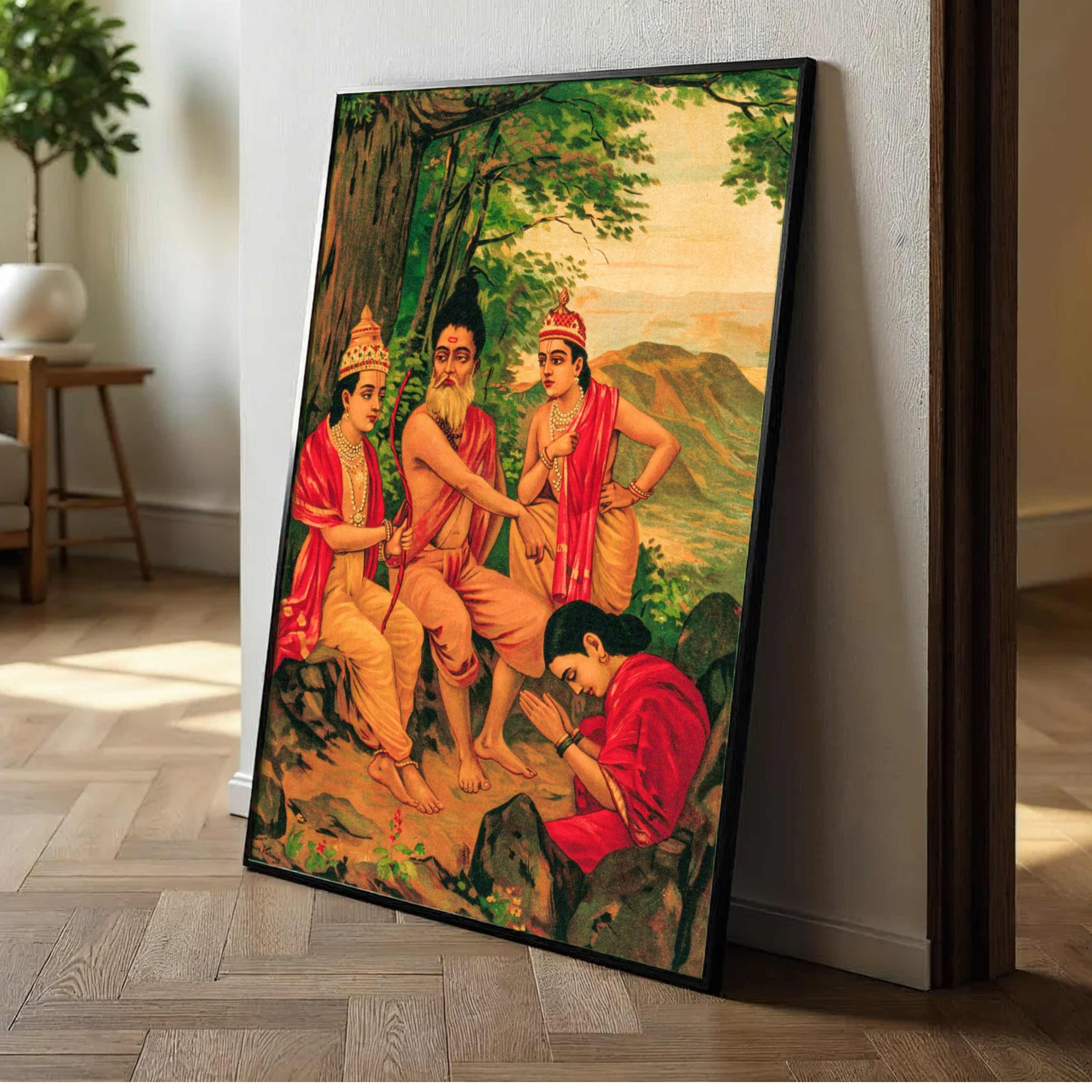 Ahalya Udhar Painting by Raja Ravi Varma | Spiritual Wall Art for Pooja Room & Living Room 2 : 3 Vertical Premium Wall Art Canvas by MeriDeewar