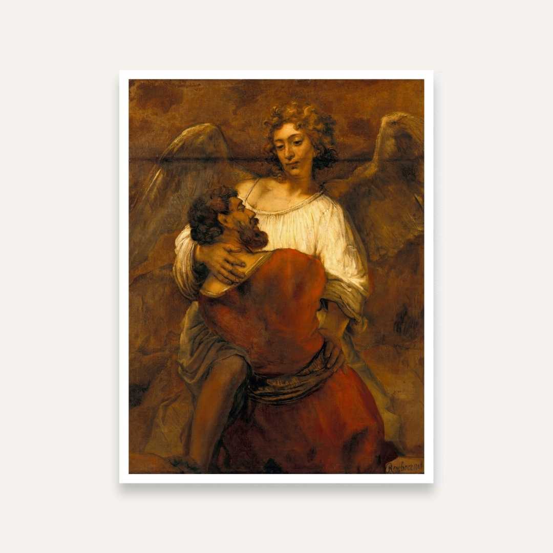 Angel Painting for Living Room – Rembrandt Jacob Wrestling with the Angel | Wall Art Print 3 : 4 Vertical Premium Wall Art Canvas by MeriDeewar