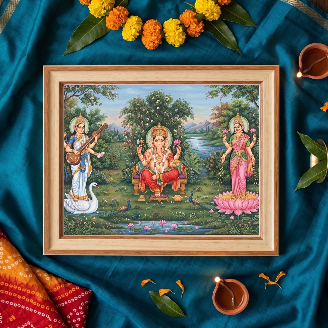 Anugraha | Lakshmi Ganesha Saraswati Horizontal Framed Fine Art Curate Premium Wall Art Canvas by MeriDeewar