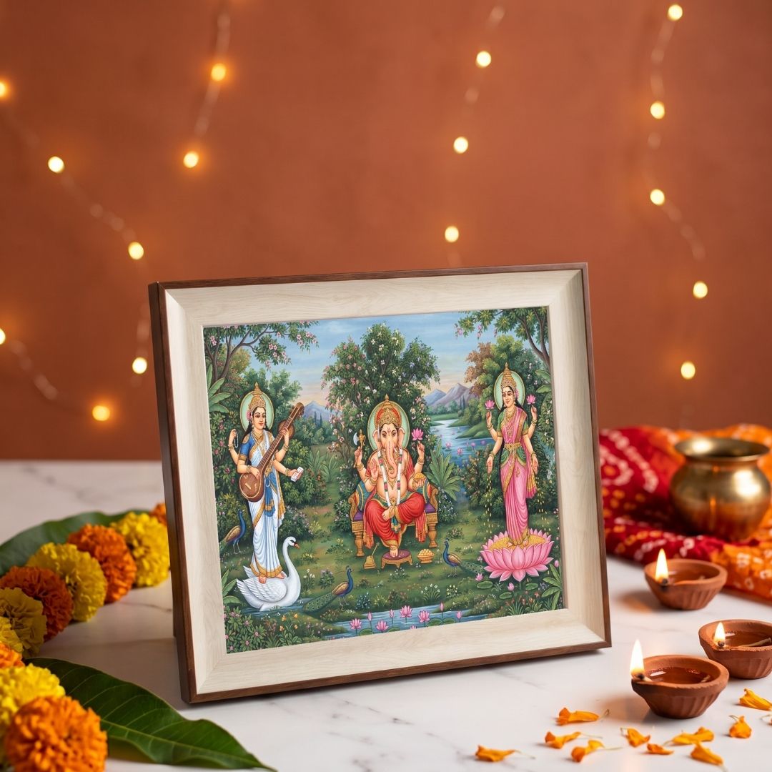 Anugraha | Lakshmi Ganesha Saraswati Horizontal Framed Fine Art Curate Premium Wall Art Canvas by MeriDeewar