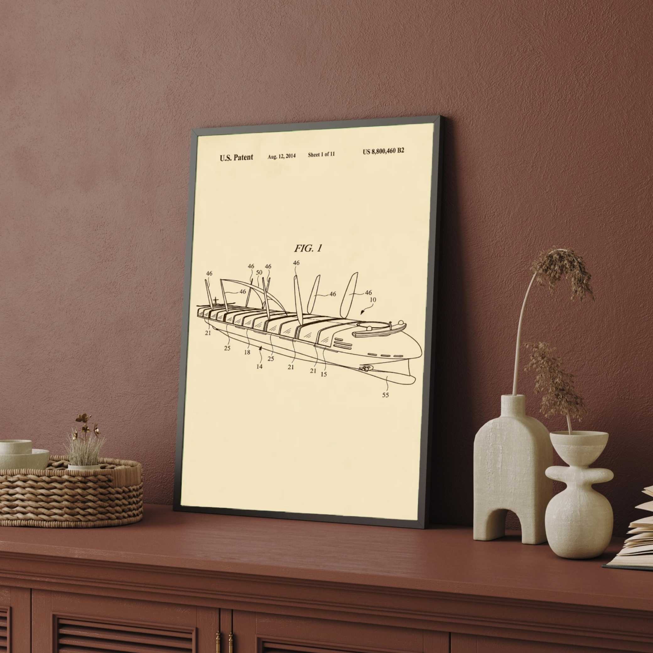 Articulated Ship Patent Print | Vertical Parchment Framed Wall Art 2 : 3 Vertical Premium Wall Art Canvas by MeriDeewar