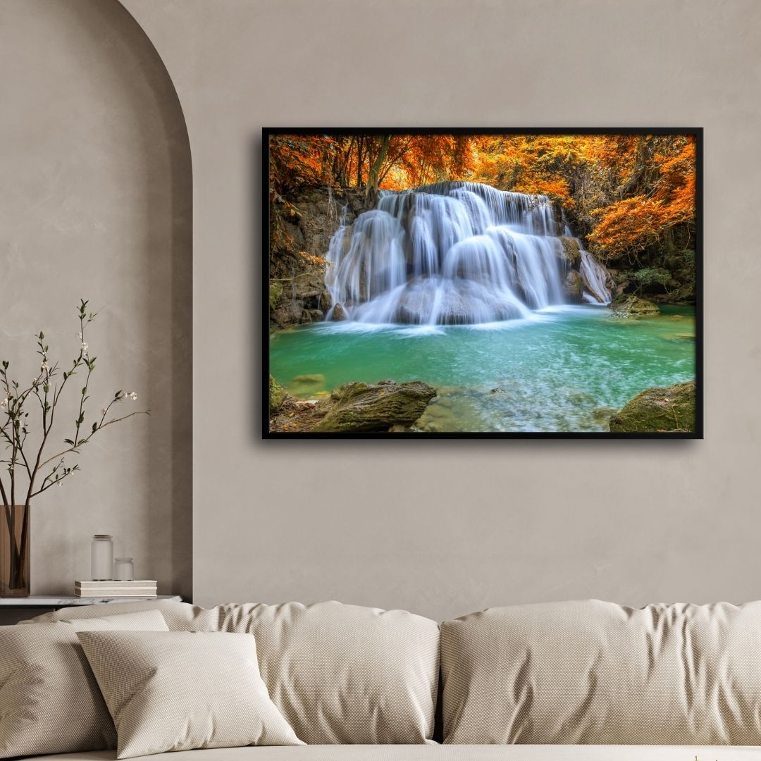 Autumn Cascade – Fall Waterfall Wall Art Canvas 2 : 3 Horizontal Premium Wall Art Canvas by MeriDeewar