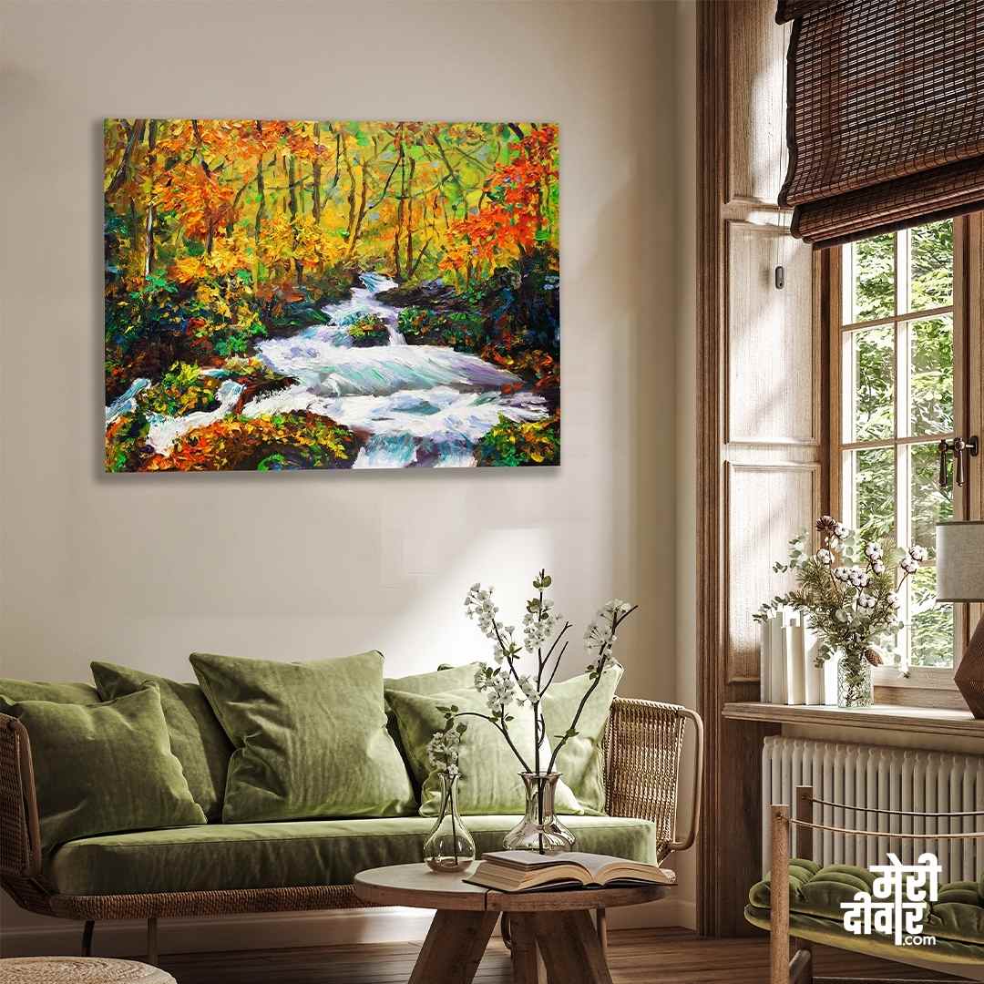 Autumn Forest Stream Scenery Painting for Living Room | Nature Wall Art | Meri Deewar 2 : 1 Horizontal Premium Wall Art Canvas by MeriDeewar