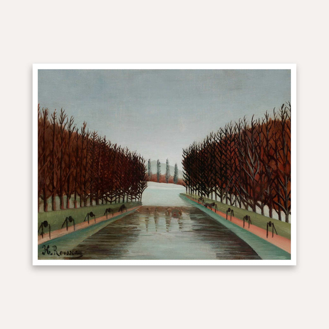 Autumn Scenery Painting for Living Room – Tree-Lined Canal Wall Art | Giclée Print 5 : 4 Horizontal Premium Wall Art Canvas by MeriDeewar