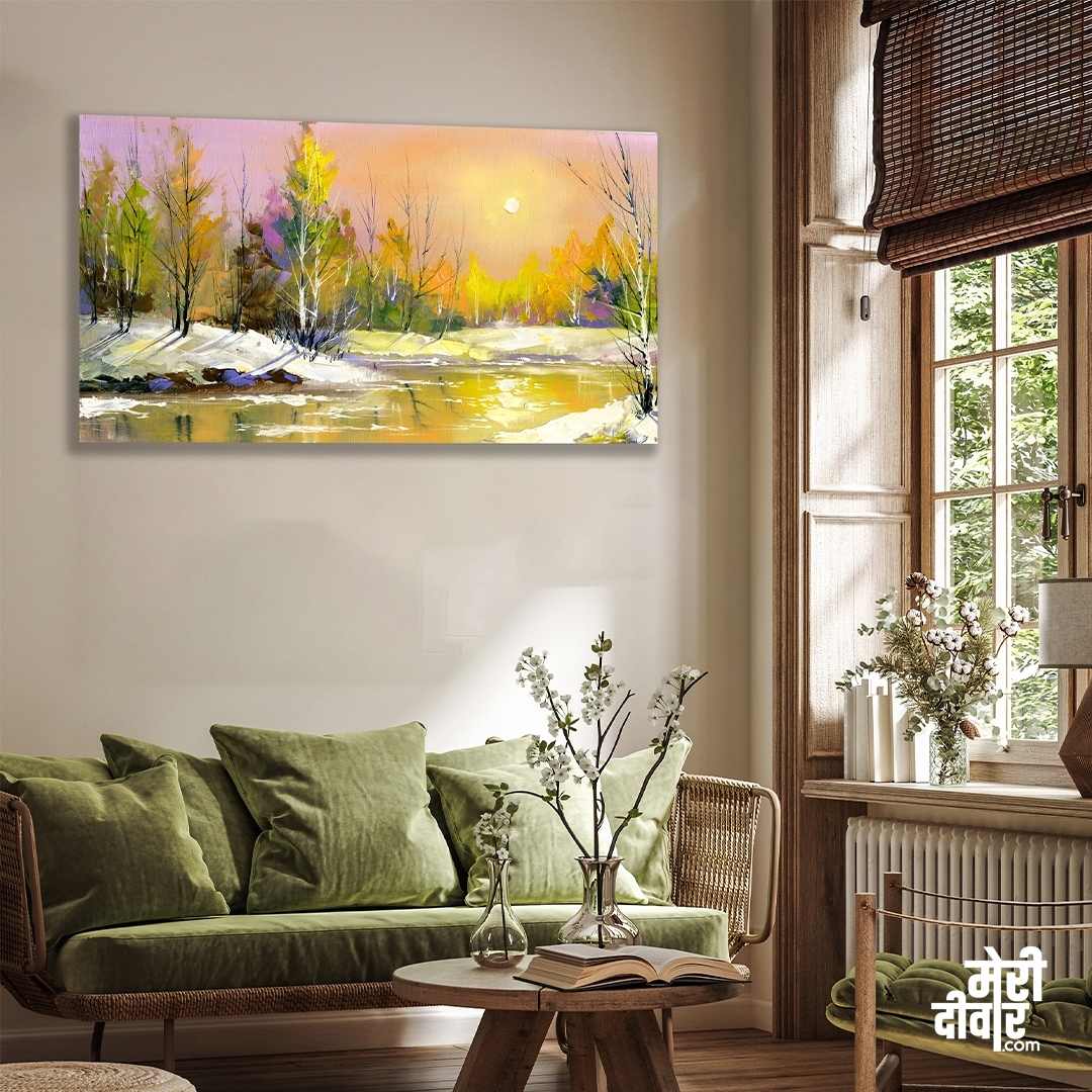 Autumn Sunrise Scenery Painting for Living Room | Big Panoramic Nature Wall Art 4 : 3 Horizontal Premium Wall Art Canvas by MeriDeewar