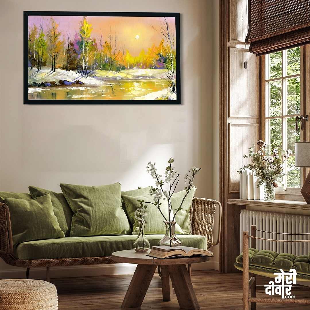Autumn Sunrise Scenery Painting for Living Room | Big Panoramic Nature Wall Art 4 : 3 Horizontal Premium Wall Art Canvas by MeriDeewar