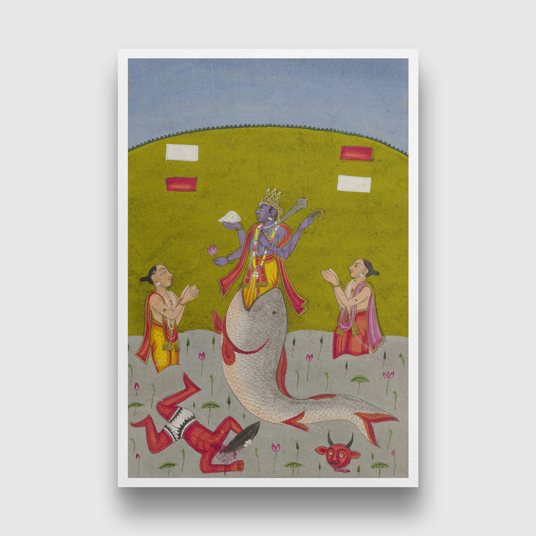 Avatar of Vishnu emerging from the mouth of a fish Painting 2 : 3 Vertical Premium Wall Art Canvas by MeriDeewar