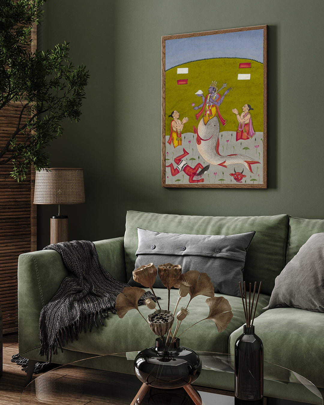 Avatar of Vishnu emerging from the mouth of a fish Painting 2 : 3 Vertical Premium Wall Art Canvas by MeriDeewar