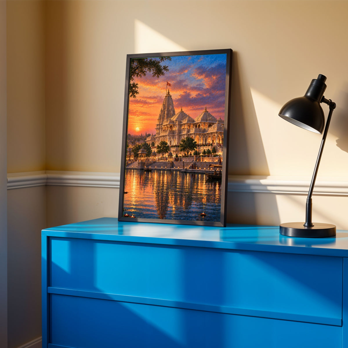 Ayodhya Ram Mandir | Sacred Sarayu Sunset Temple Heritage Canvas Curate Black Premium Wall Art Canvas by MeriDeewar